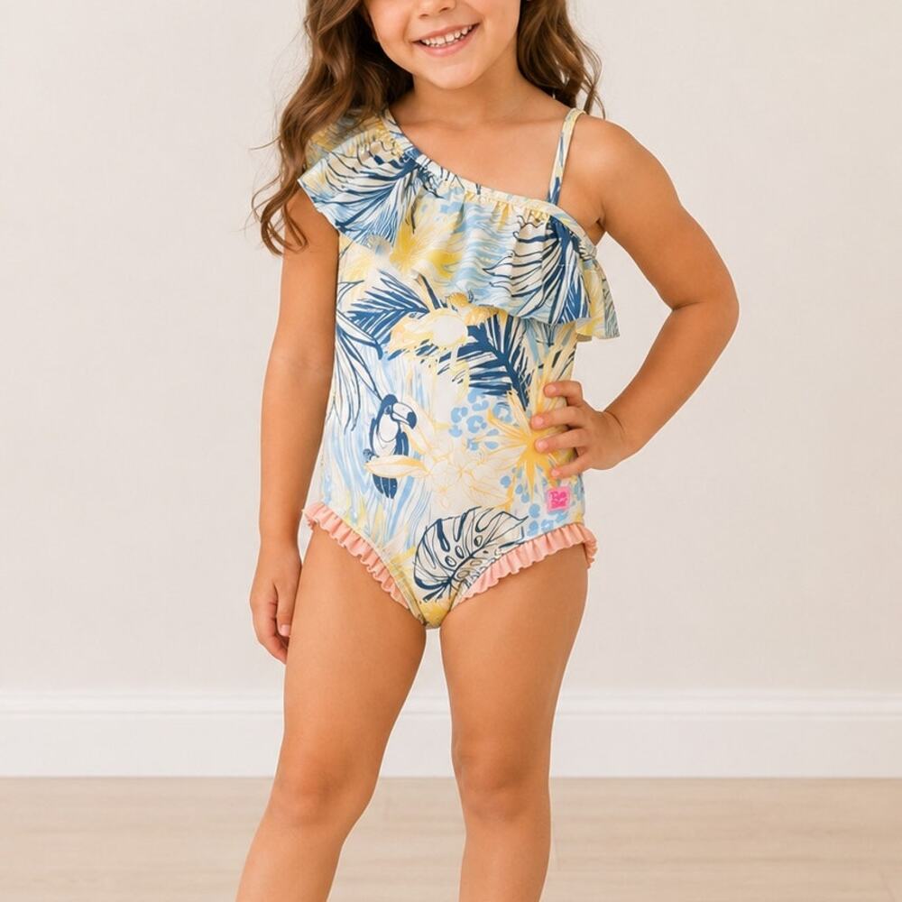 RuffleButts Swimsuit Tropical Toucan One Shoulder Ruffle Palm One Piece Summer 5